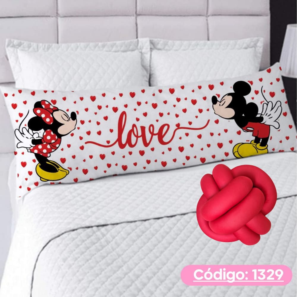 Kit Capa De Travesseiro De Corpo Fronha Xuxão Com Ziper + Almofada de Nó 1.25x0.45cm Minnie Mickey