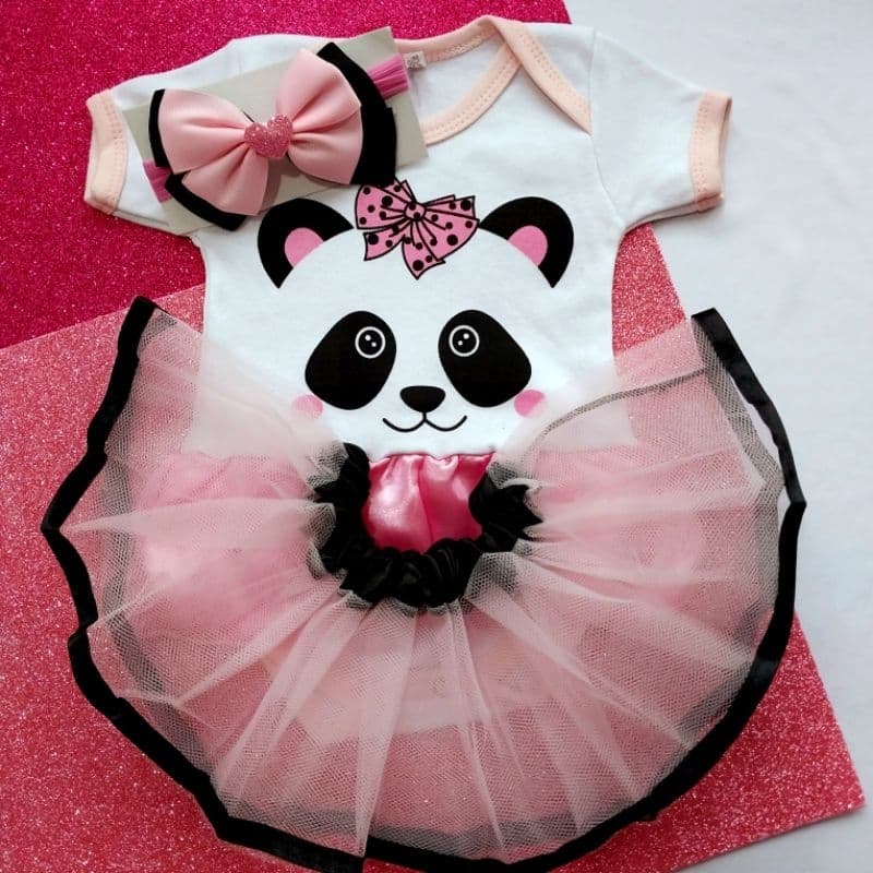 Kit Body Panda Saia Tule e Laço Mesversário Personagem/fantasia Menina