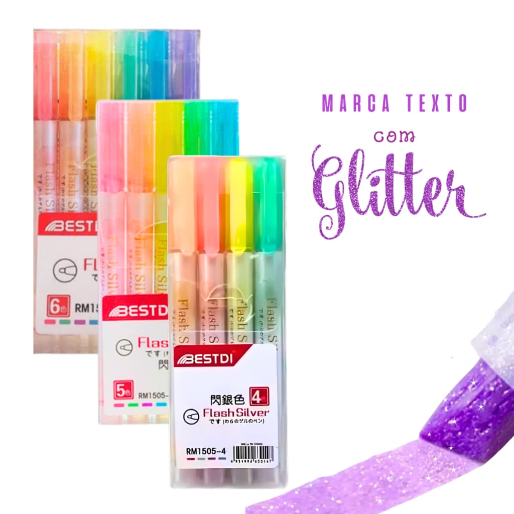 Kit Canetas Marca-texto Com Glitter 4 - 5 - 6 Cores