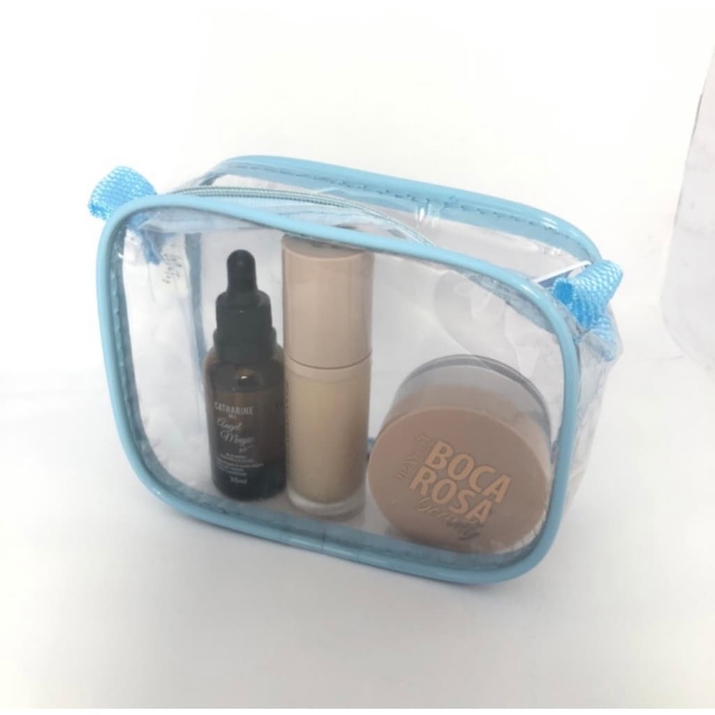 kit com 12 mini necessaire transparente e azul