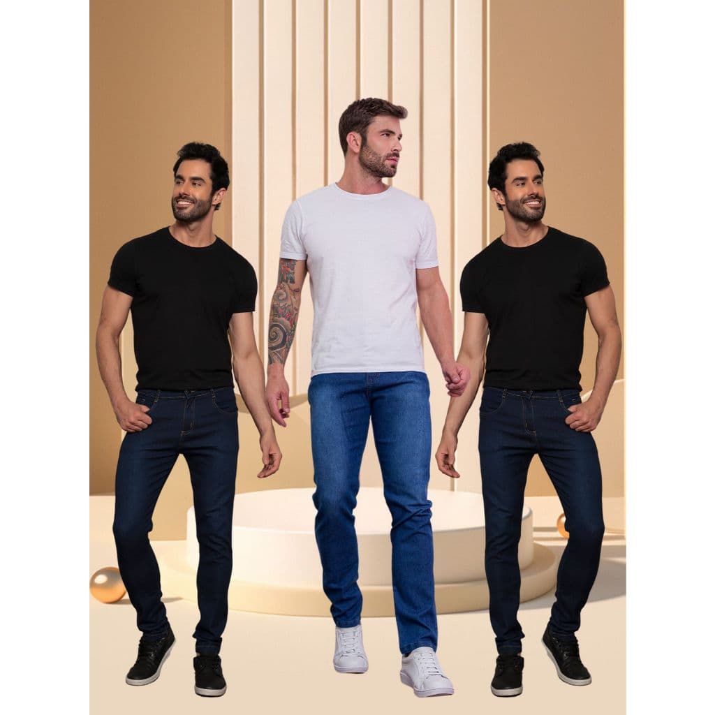 KIT3 Calças Jeans Lisa Masculinas Skinny  2Escuro 1Media-tomada de fábrica