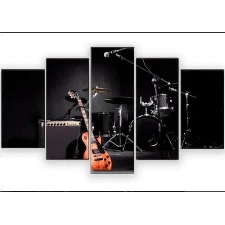Quadros 5 Peças Guitarra E Bateria Rock Cozinha Sala Quarto Escritório
