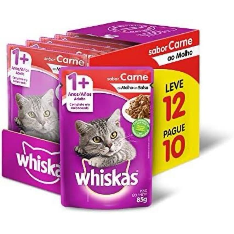 Caixa com 12 Sachê Whiskas Sabor Carne Para Gatos Adultos 85g a Unidade