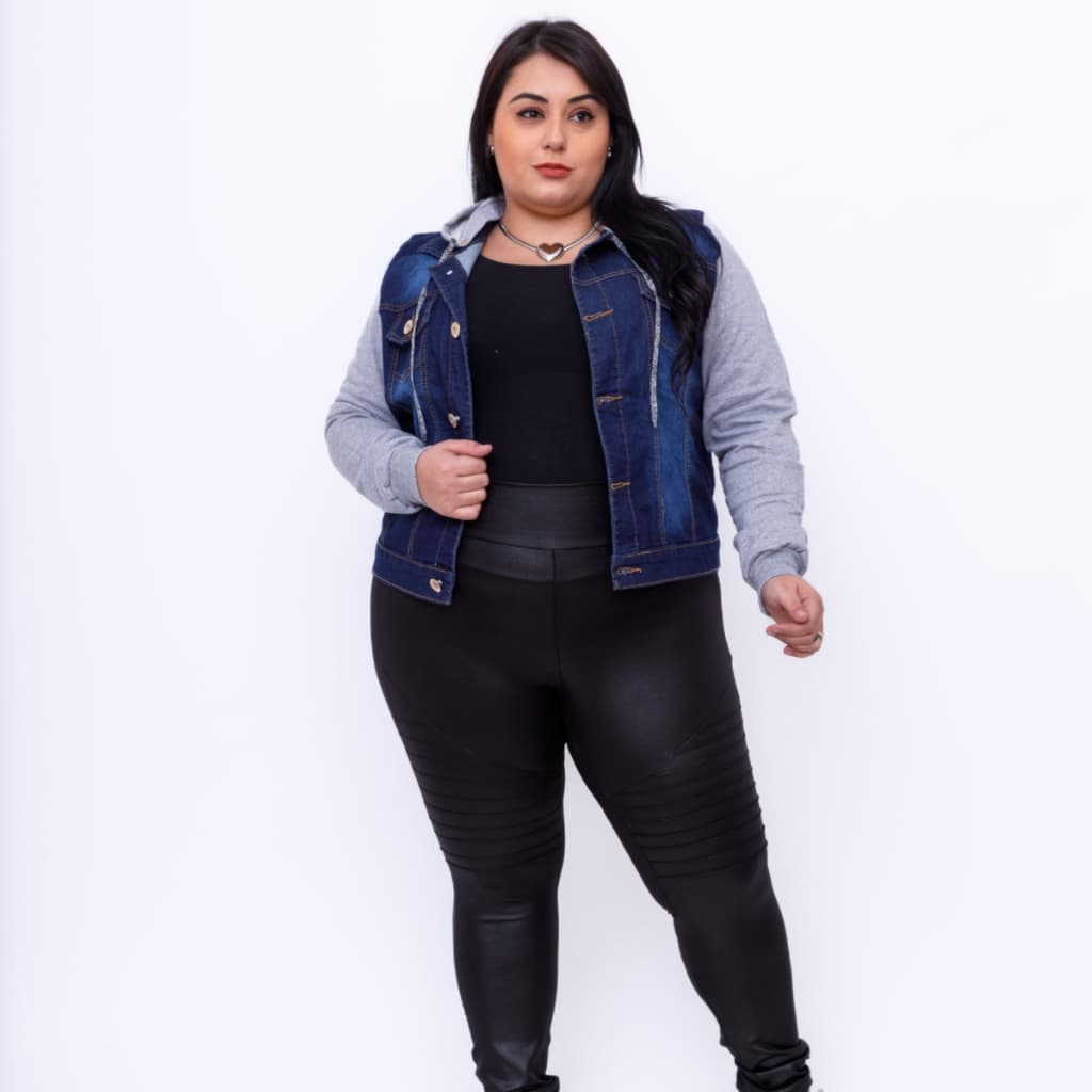 Jaqueta jeans feminino plus size com capuz moletom 40005