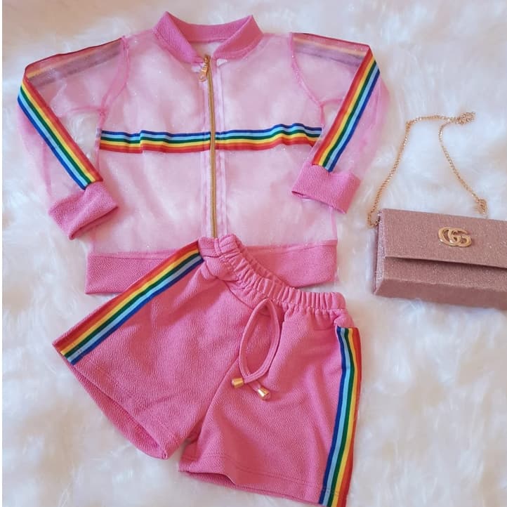 Conjunto Infantil Menina Bloguerinha Casaco Gliter + Short Malha Crepe
