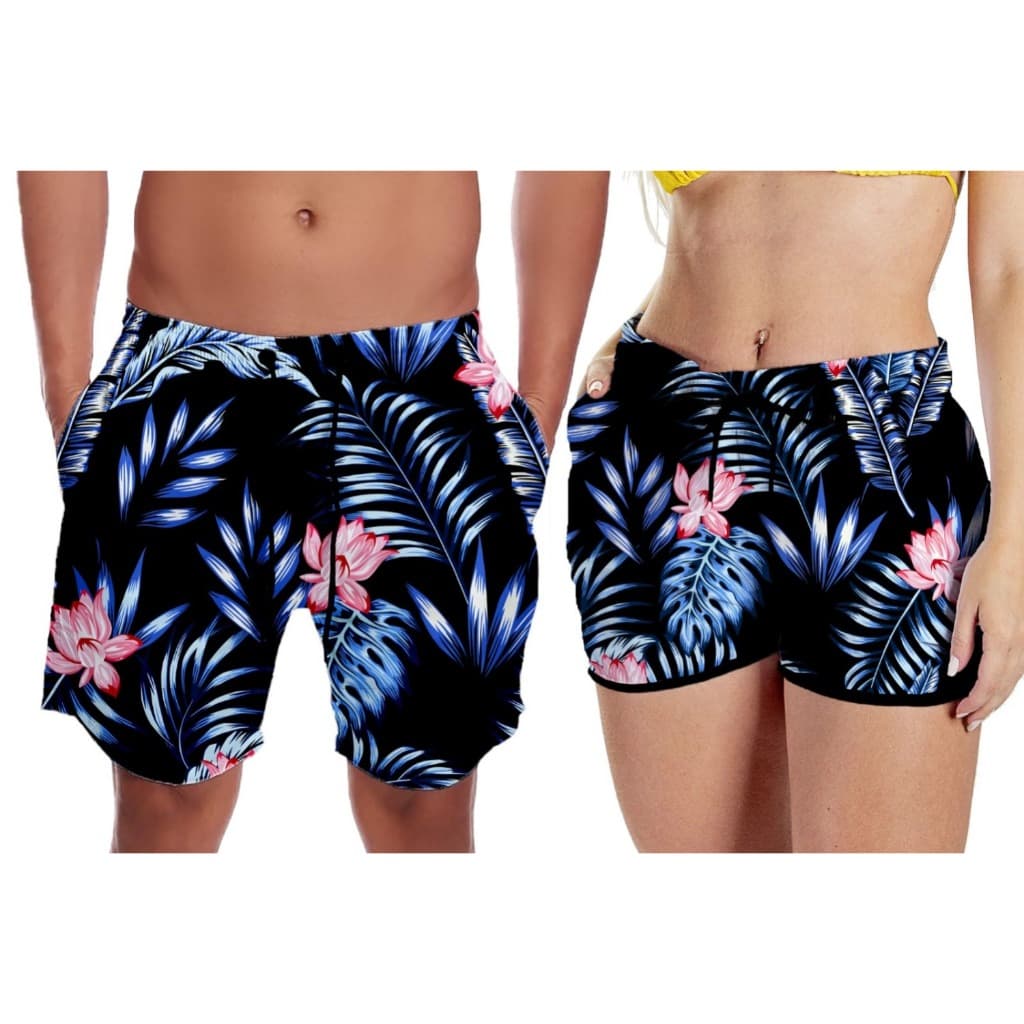 Kit  conjunto casal short mozão moda praia floral azulado conjunto bermuda.