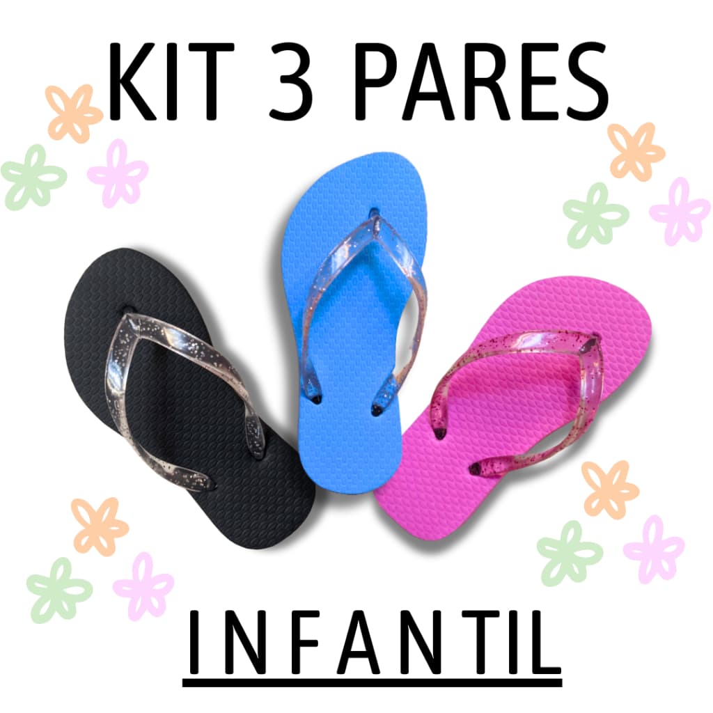 Kit 3 Chinelos Infantil Menina de Borracha Correia de Glitter Transparente