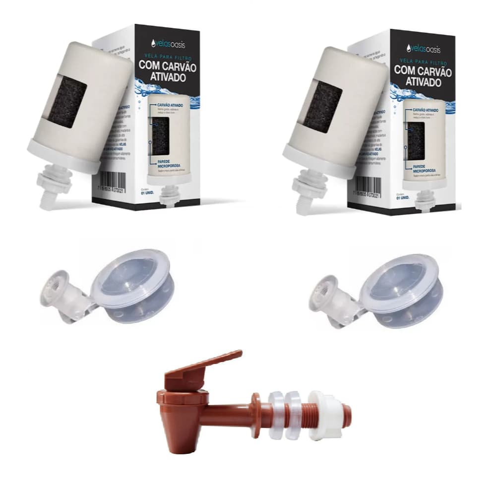 Kit 2 Velas Carvão Ativado + 2 Boias + 1 Torneira Marrom Ou Branca Filtro De Barro Bebedouro De Agua