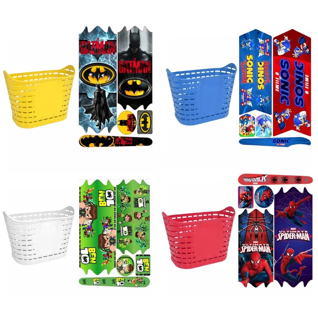 Kit Infantil Masculino Cesta Plástico + Adesivo Bike Homem Aranha Hot Whells Batman Hulk Pokémon Stitch Aro 14/16/20