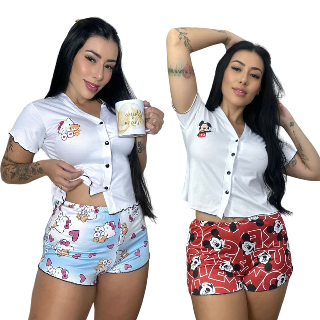 Baby Doll Camisa Botão Estampado Suede Short Doll
