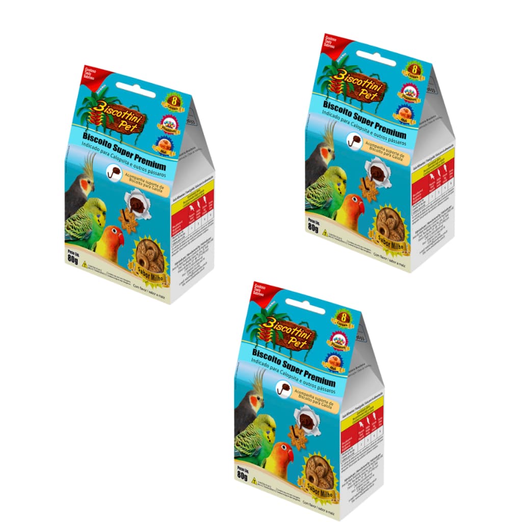 Biscottini pet - Kit com 3 unidades de Biscoitos Para CALOPSITA , PEQUITOS e AGAPONIS de 80gr cada