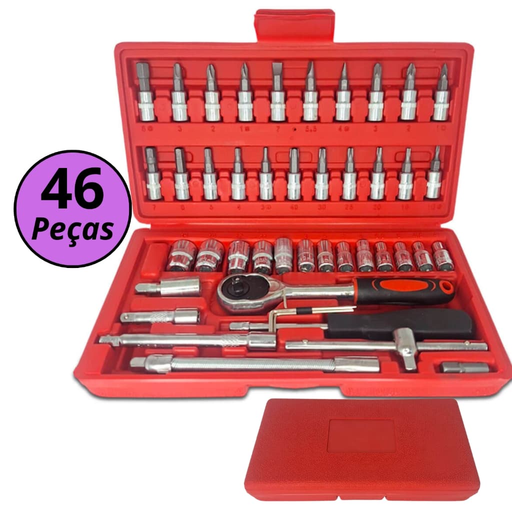 Kit Maleta 46 Chaves Canhão Catraca reversível Profissional Soquete Bit Allen Torx Philips Fenda