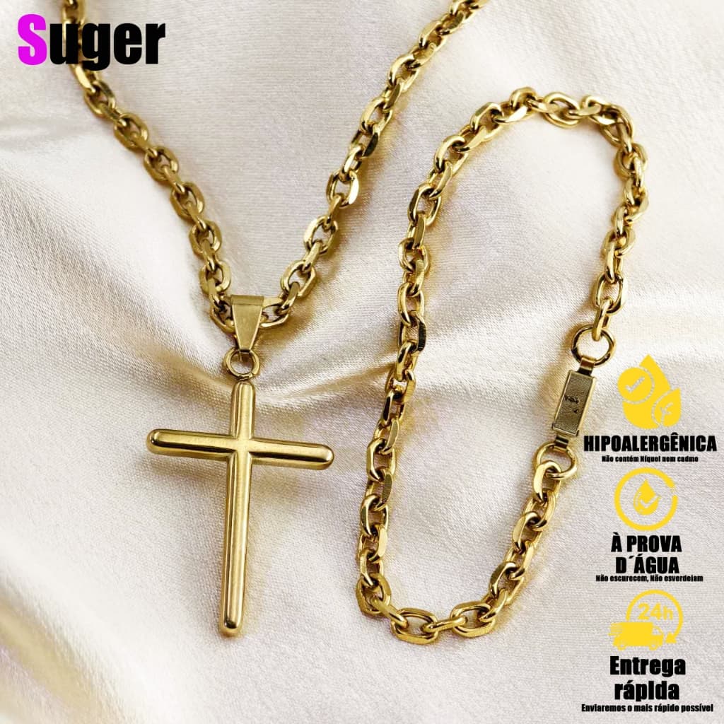 Kit Corrente e Pulseira Masculina Banhada a Ouro com Pingente de Crucifixo - Cordão 60/70 cm, Aço Inoxidável 316L