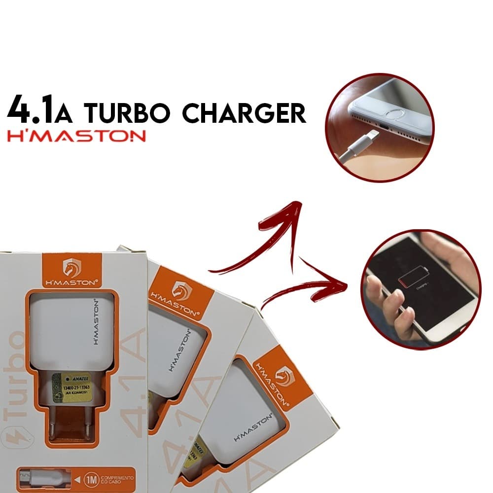Carregador Turbo 4.1 H'maston Pro Iphone IOS TIPO C V8 Com Cabo Original  De Um Metro