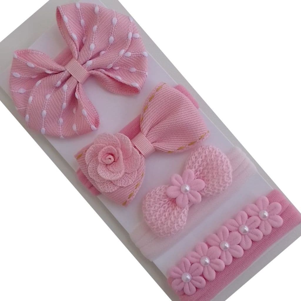 Kit 4 Faixinhas Laços Croche/Jeans/Flores Infantil para Bebê na Meia de Seda