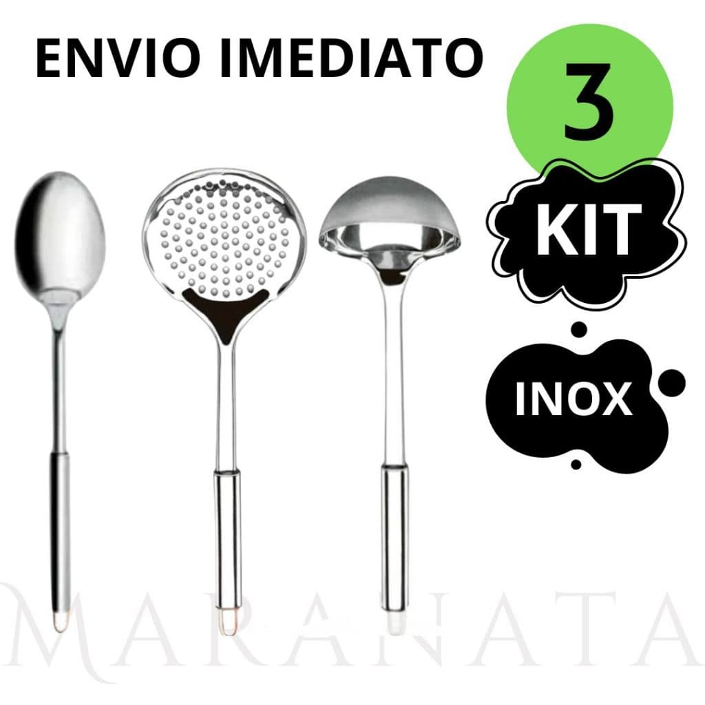 Kit 3 Cozinha Utensílios 3 Peças 100% Aço Inox Colher Escumadeira Concha Cozinha Restaurante