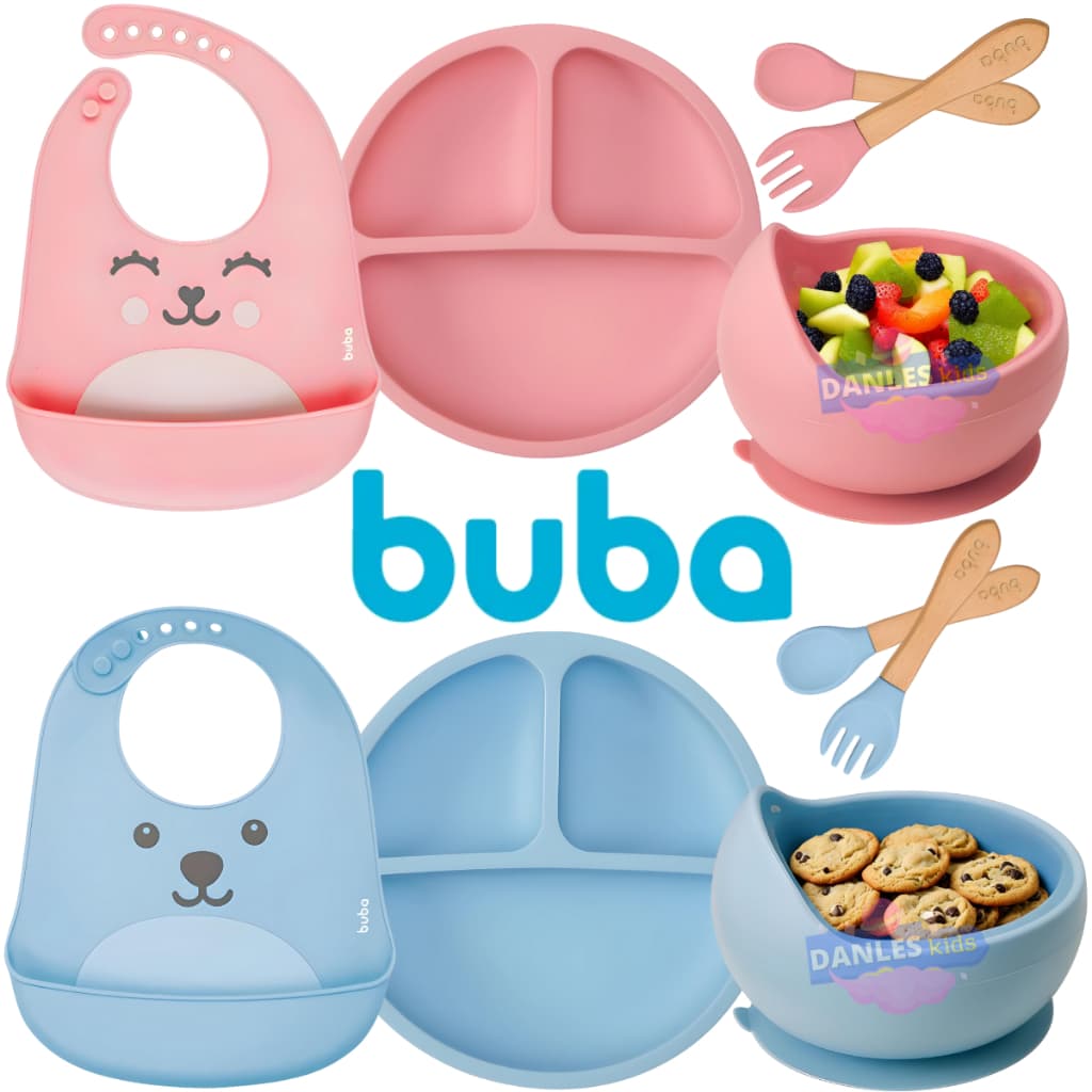 Kit Alimentação Buba Introdução Alimentar Bebe 5pçs Silicone Babador Bowl Tijela Talher de Bambu [
