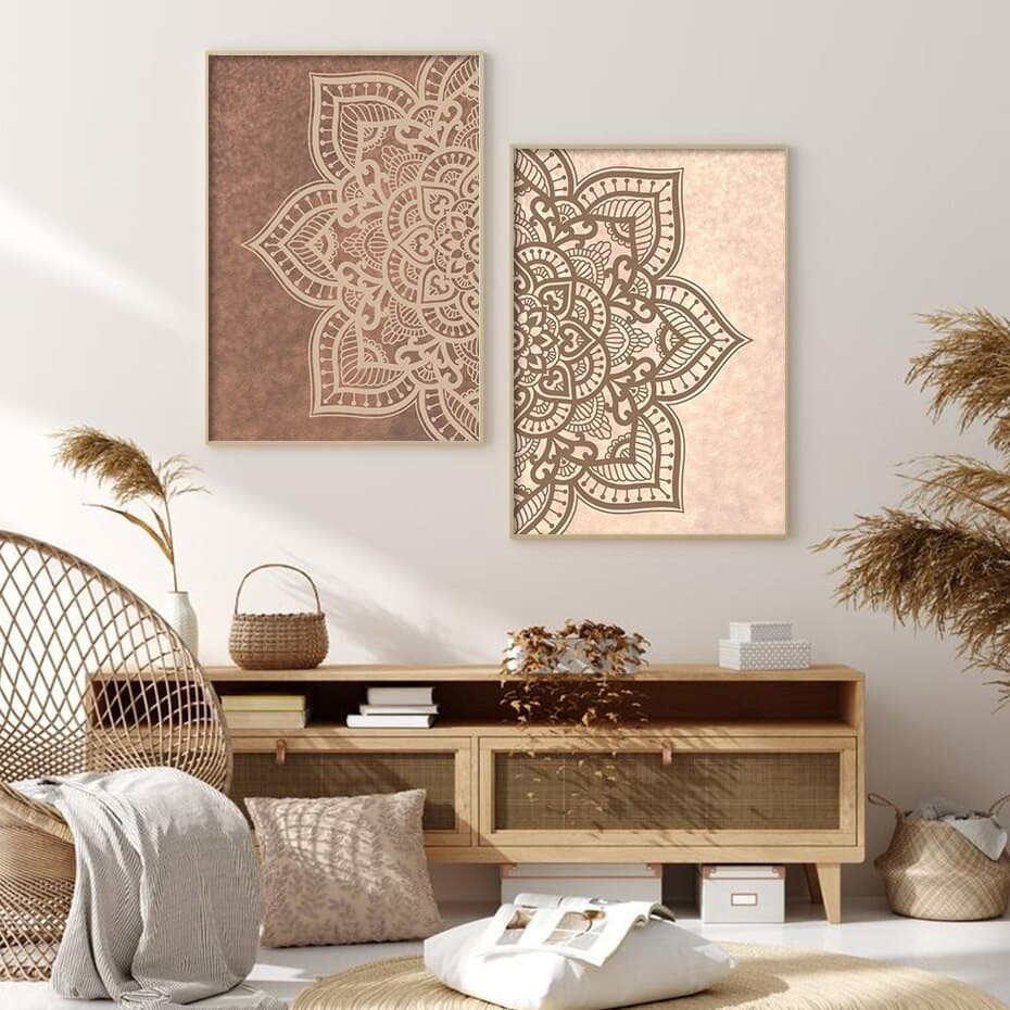 Quadro decorativo 2 peças 40x60 flor mandala bege marrom simples delicado moderno para sala quarto