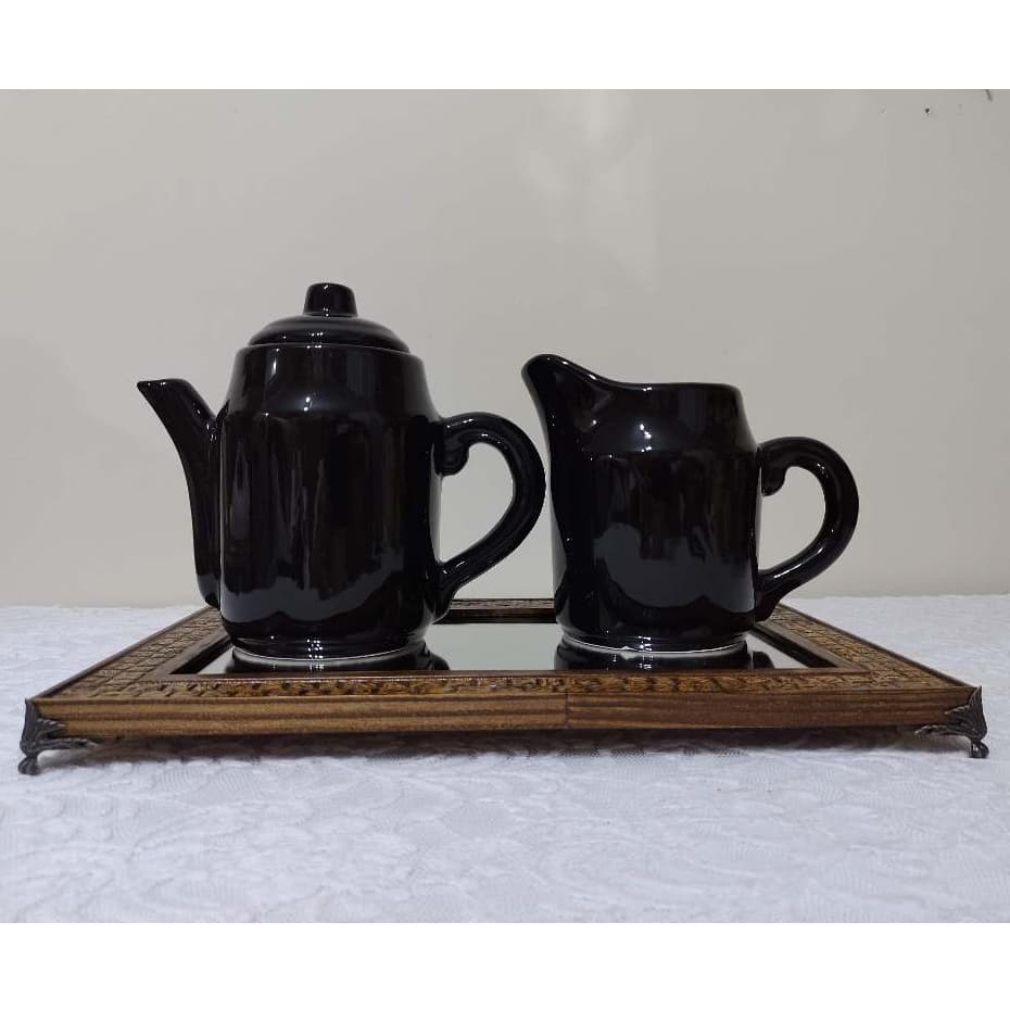 Bule 1 litro e Leiteira 850 ml Preto Clássico Cerâmica