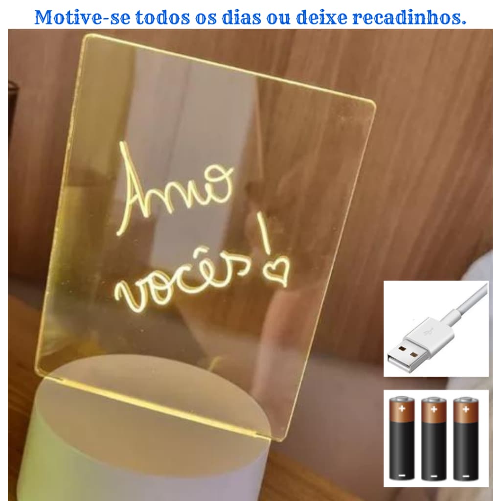 Luminária Abajur De Mesa Com Tela Para Escrever  e Apagar Sua Frase Luz Led Acrílico Uma Caneta  de Casa PILHA OU UBS