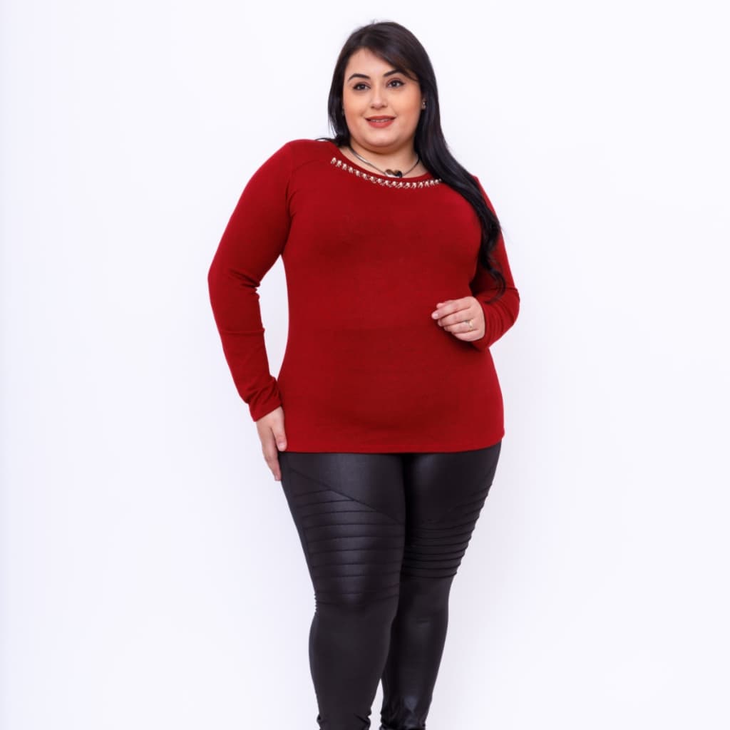 blusa feminina plus size lazinho pérola na gola manga comprida 40008