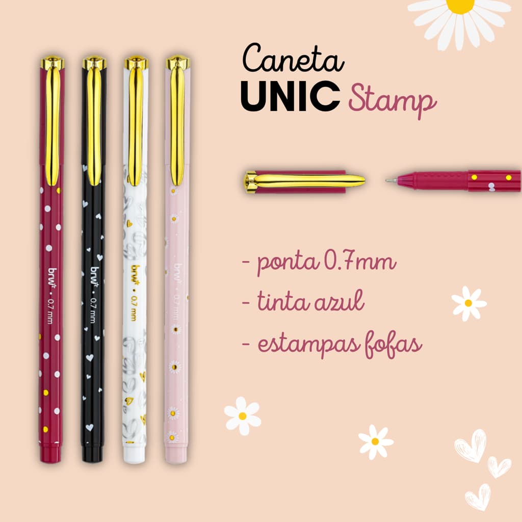 Caneta Esferográfica UNIC Stamp 0.7 Azul - BRW (Estampada, Coração, Margarida, Poá)