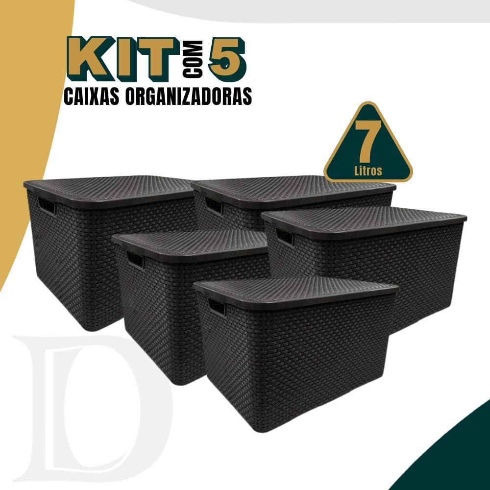 Kit 5 Caixas/Cestos Com Tampa Organizador Rattan 7 Litros
