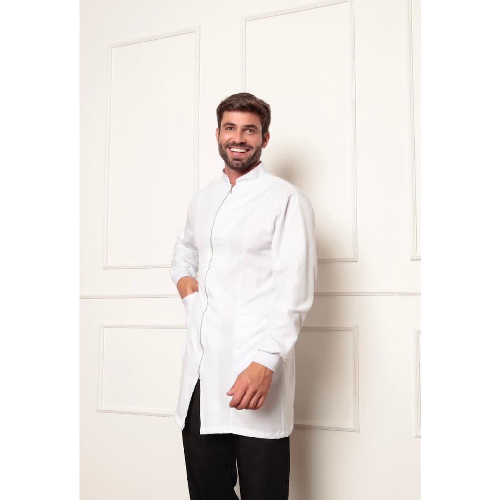 Jaleco Masculino Oxford Premium Zíper Punhos Veneto Branco Gardenia Jalecos