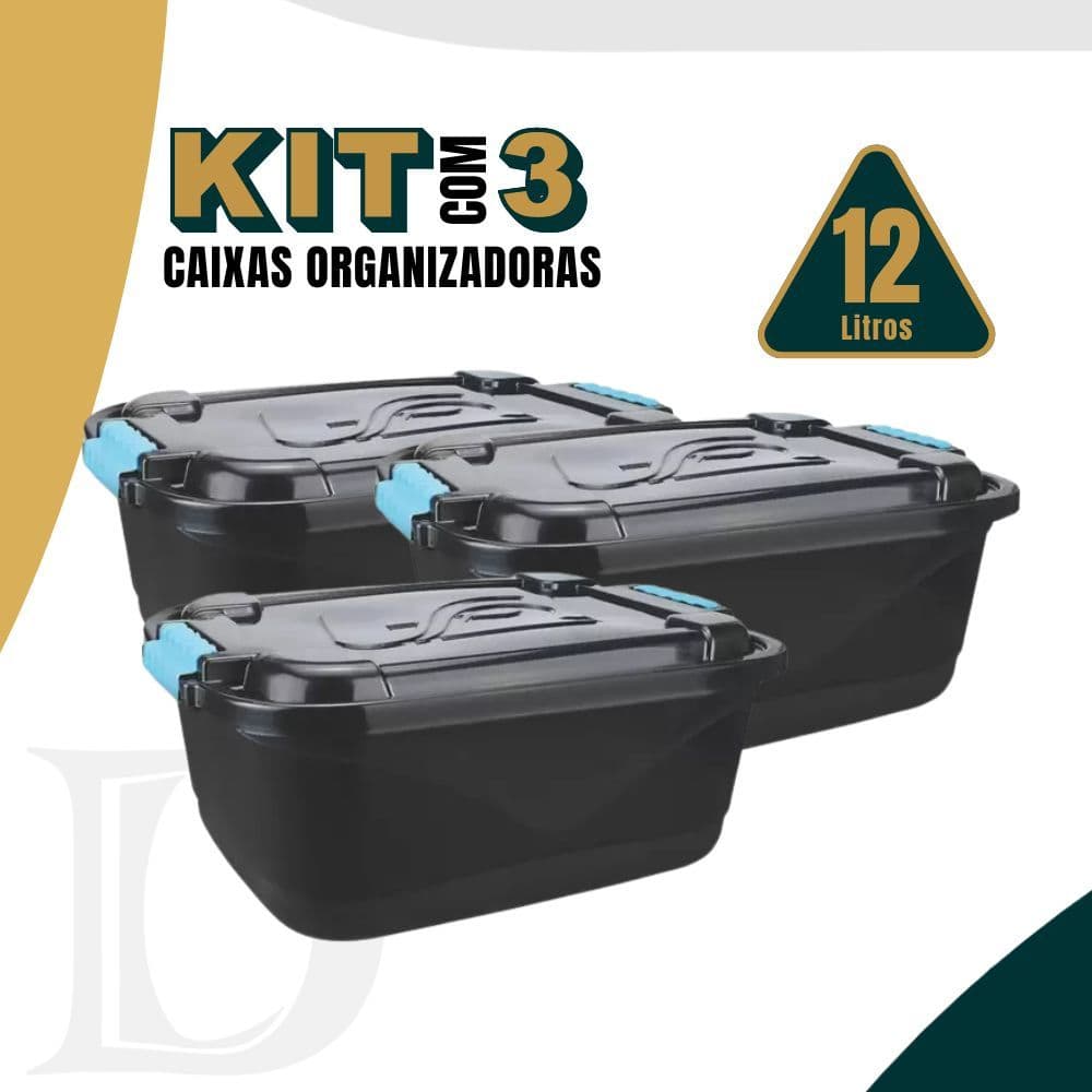 Kit 3 Caixa Organizadora 12l Preto C/ Tampa e Trava Cesto P/ Brinquedos e Multiuso