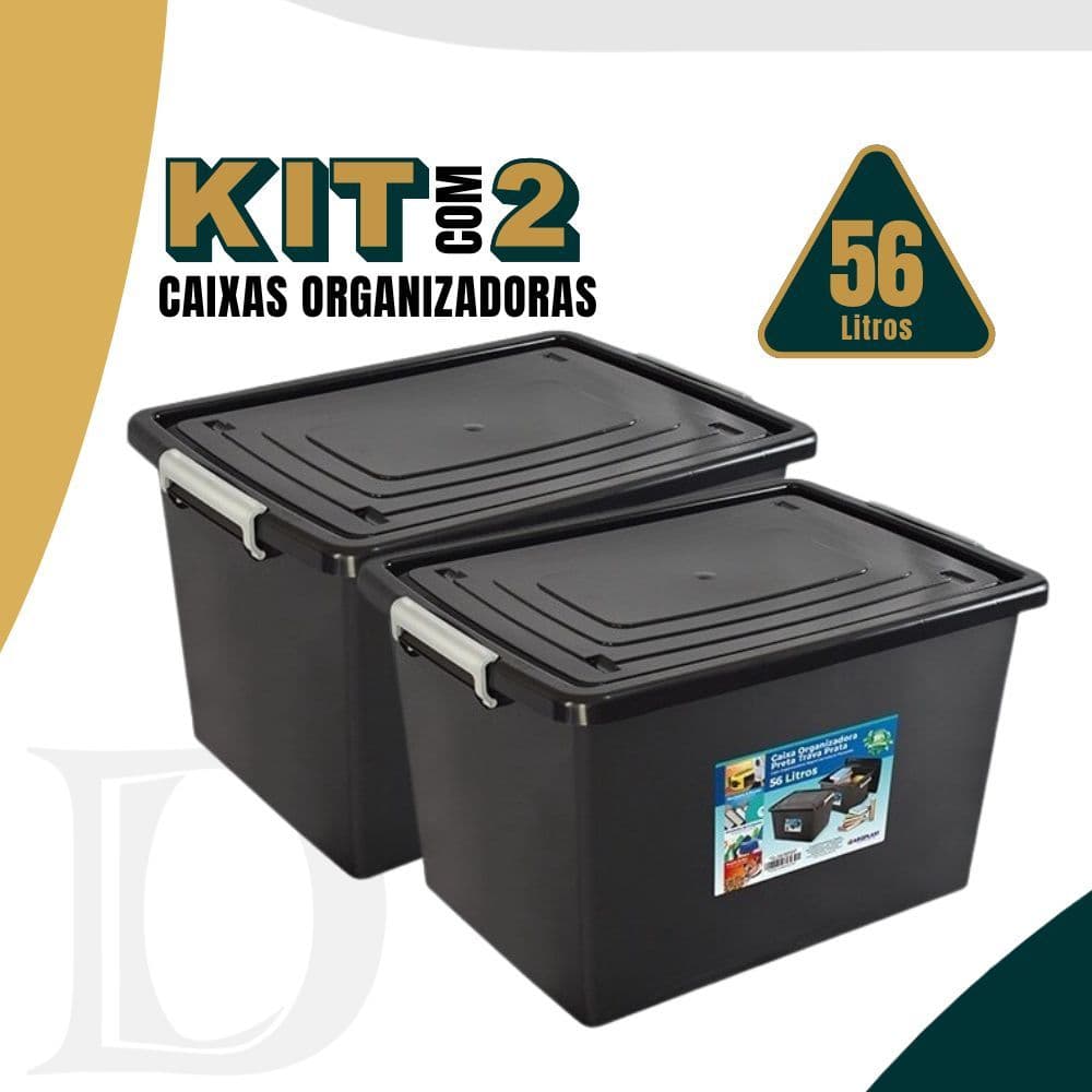Kit 2 Caixa Organizadora 56 Litros Tamanho Grande Cesta Multiuso com Tampa com Trava Para Brinquedos