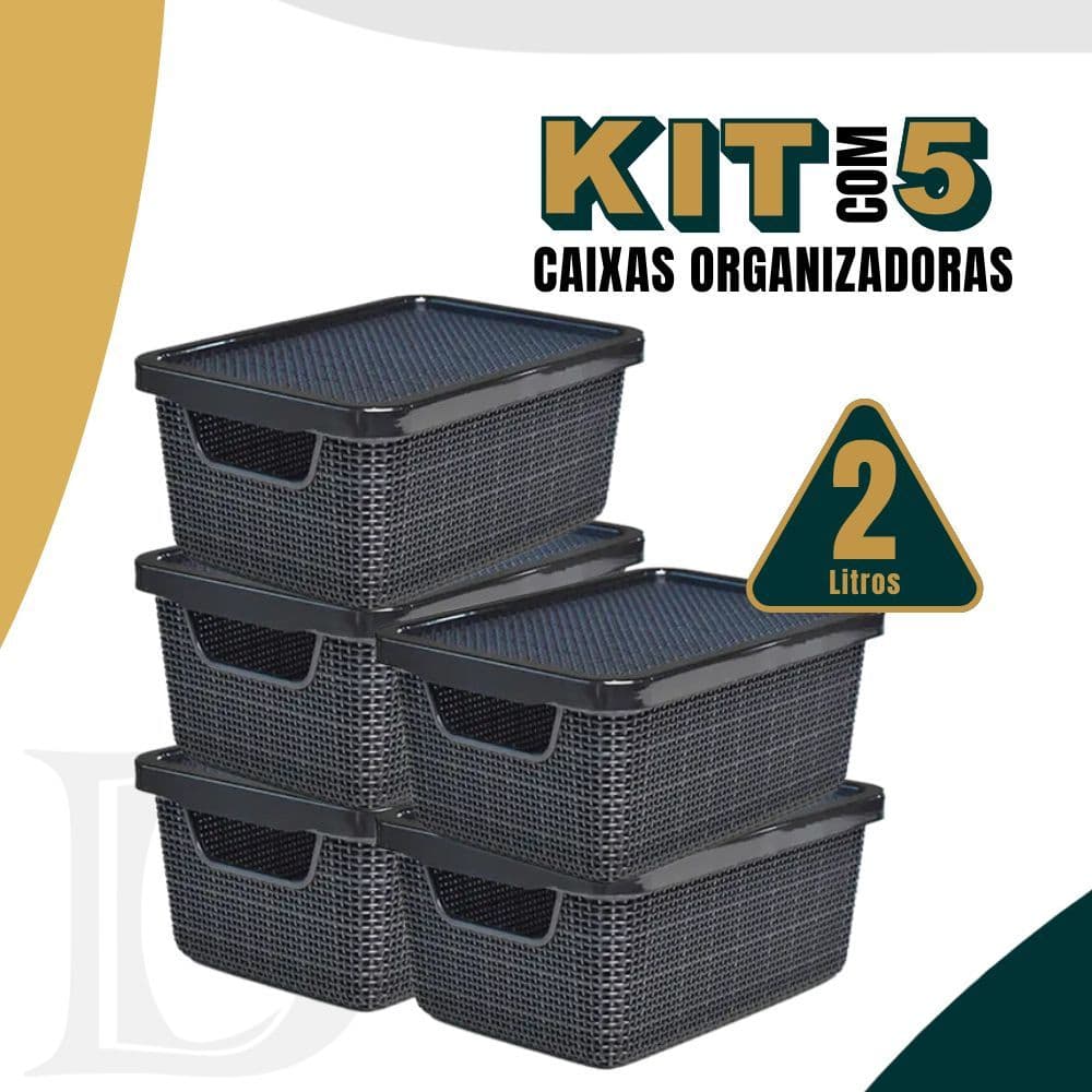 Kit 5 Caixa Organizadora Jutta Preto 2 Litros Organizador de Maquiagem Calcinhas Gavetas Bijoteria