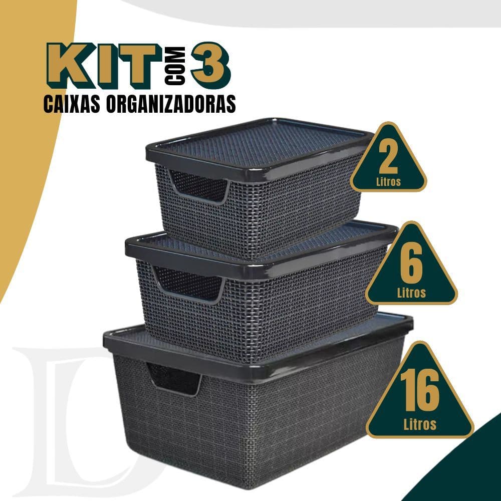 Kit 3 Caixas/cesto Organizador Jutta 2l, 6l E 16l Preto  Cesto Organizador Gavetas Guarda-Roupas Arm
