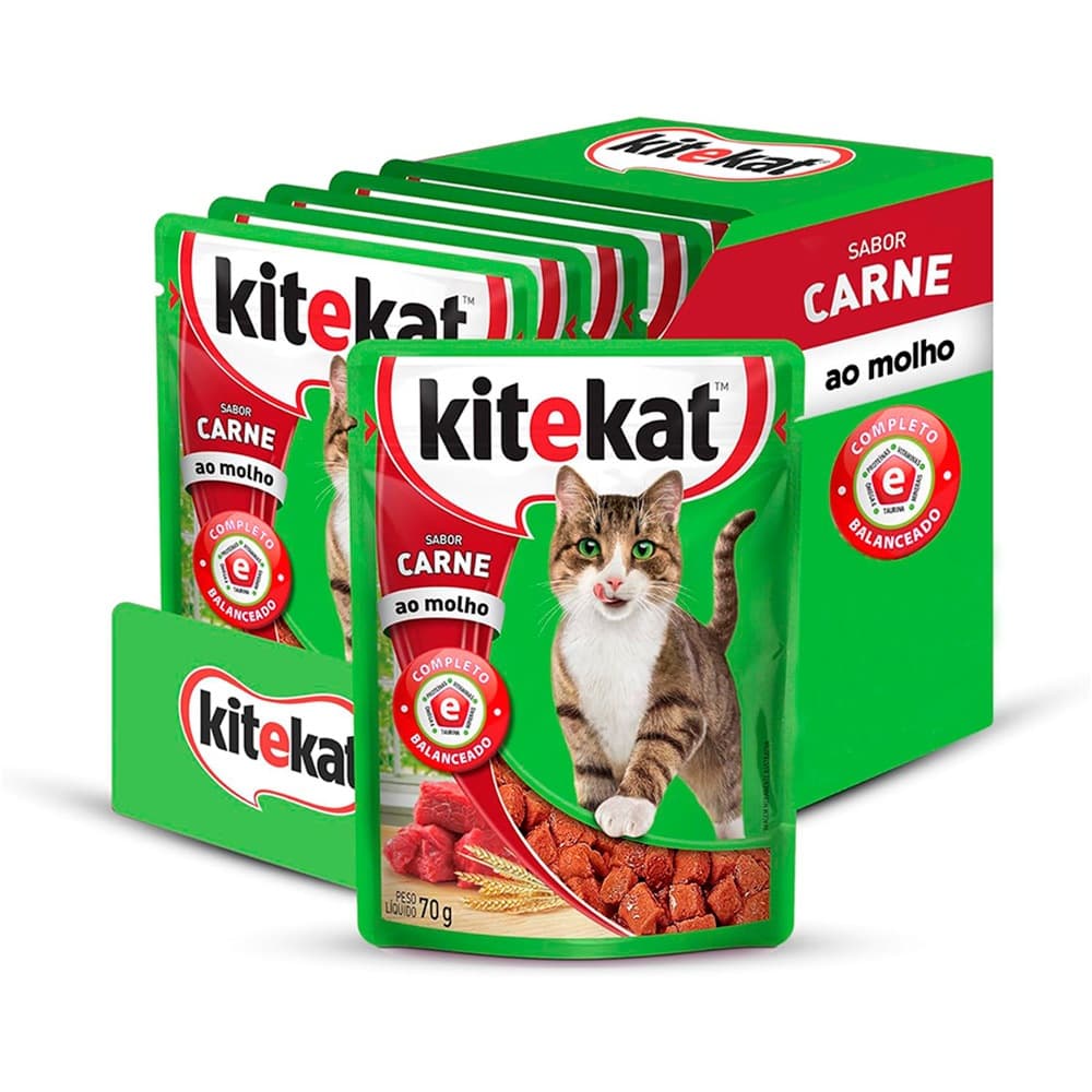 Kit 12 un. Ração Úmida Kitekat Sachê Gatos Adultos Carne ao Molho 70g