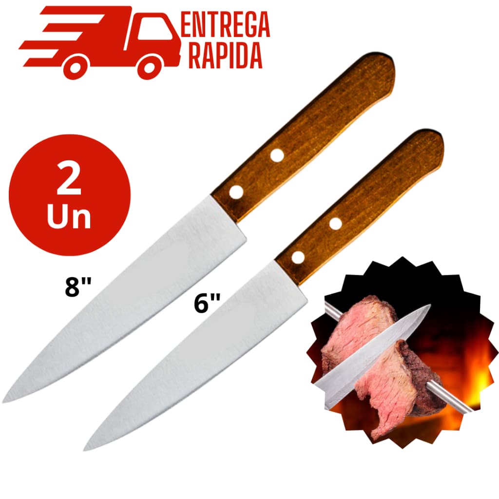 Kit 2 Faca De Cozinha Inox Profissional 6" E 8" Do Chef Cabo Madeira 28 e 33 CM