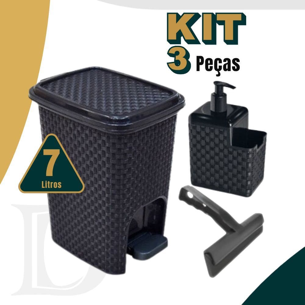 Lixeira Rattan 7 Litros + Dispenser Detergente e Esponja + Rodo