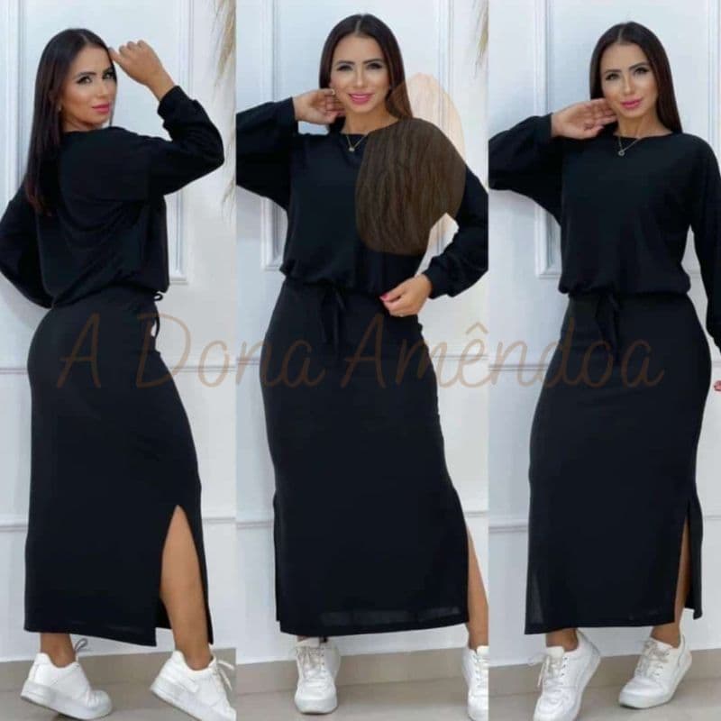 Conjunto Blusa Cropped e Saia Mide Lãnzinha Feminino