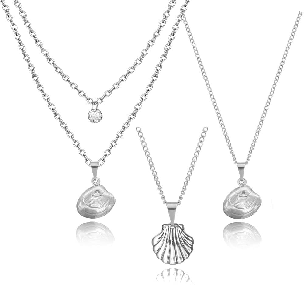 colar feminino de  concha do mar aço inox antialérgico prata 45cm 60cm Corrente duplo Gargantilha