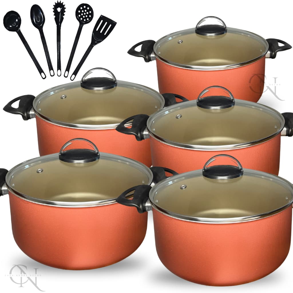 Kit Jogo de Panelas 10 peças Caçarolas Antiaderente Teflon com Tampa Vidro e Utensílios Cor Cereja Bege Dourado