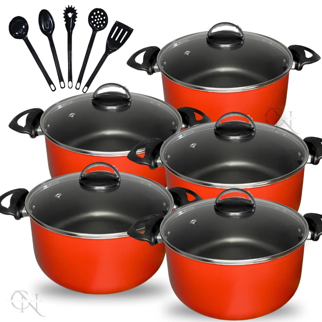 Kit Jogo de Panelas 10 peças Caçarolas Antiaderente Teflon com Tampa Vidro e Utensílios Cor Vermelho e Grafite