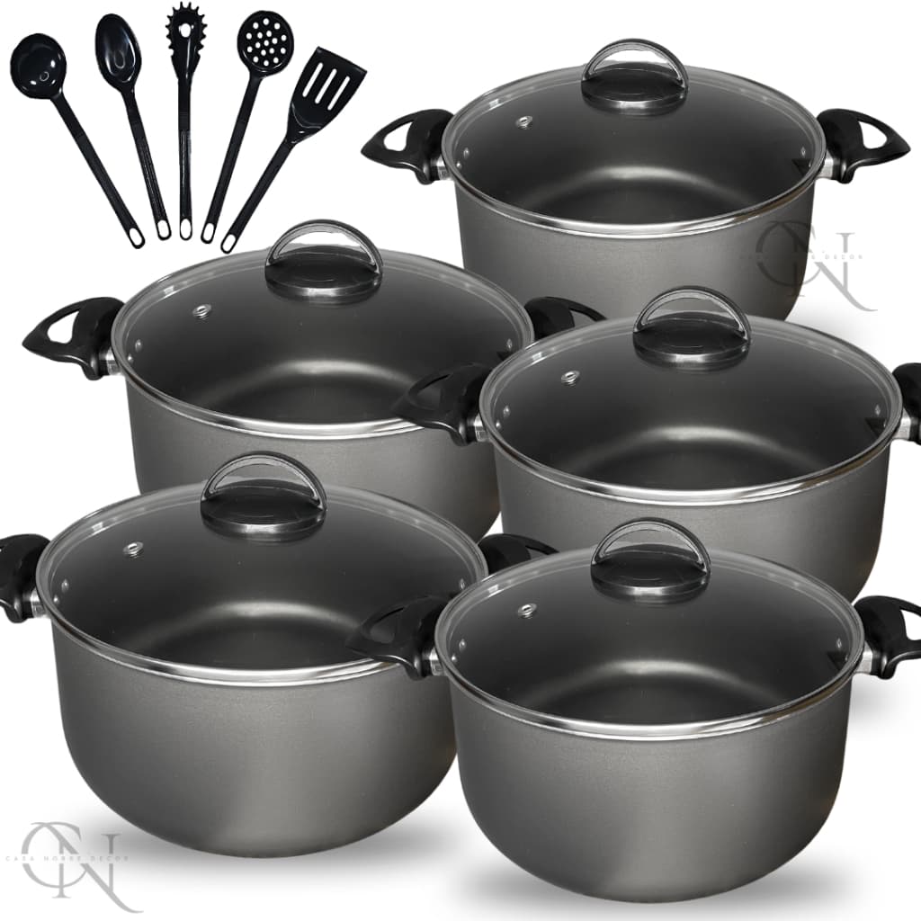 Kit Jogo de Panelas 10 peças Caçarolas Antiaderente Teflon com Tampa Vidro e Utensílios Cor Cinza Grafite