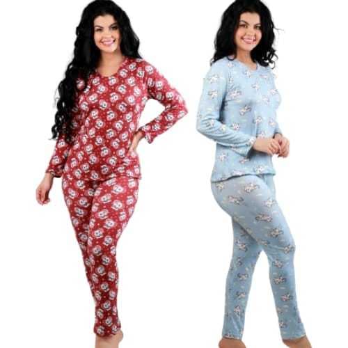 Kit 2 Pijama  Feminino Longo Estampado Sem Botão Manga Longa Confortável Suede