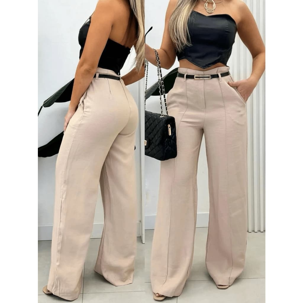 Calça Pantalona Feminina Alfaiataria Com CINTO Bolso Wide Elegante