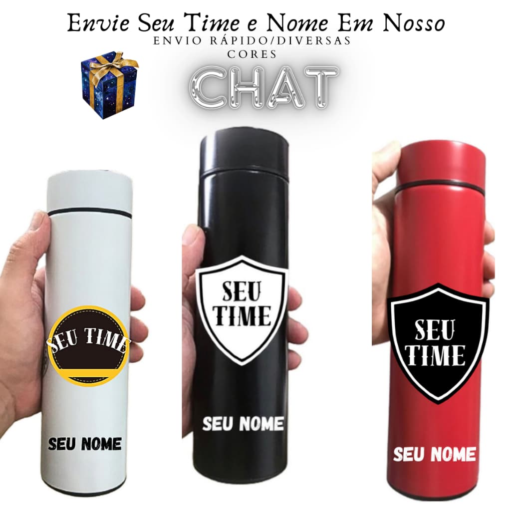 Garrafa Térmica Personalizada Com Seu Time + Seu Nome Led Digital 500ml