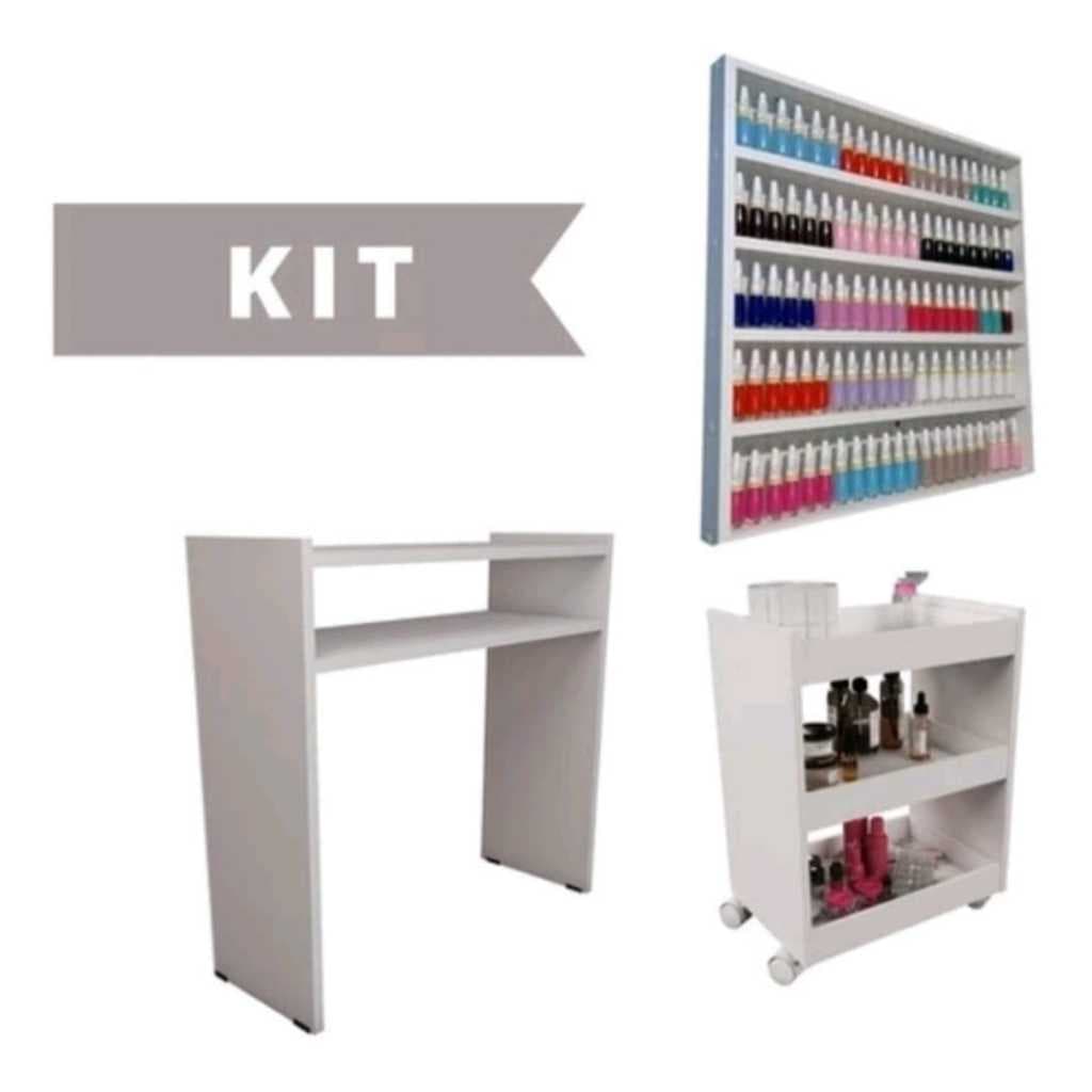 Kit Para Manicure Com Mesa + Prateleira de Esmaltes + Carrinho Auxiliar com 3 Bandejas