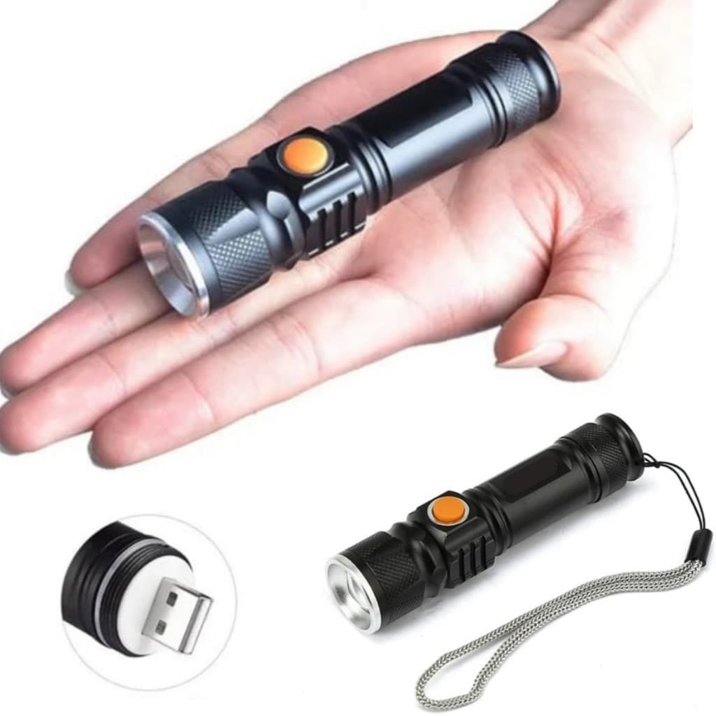 Lanterna Led  Forte RESISTENTE A Agua MINI ALUMINIO METAL RECARREGAVEL USB PRETA 11CM