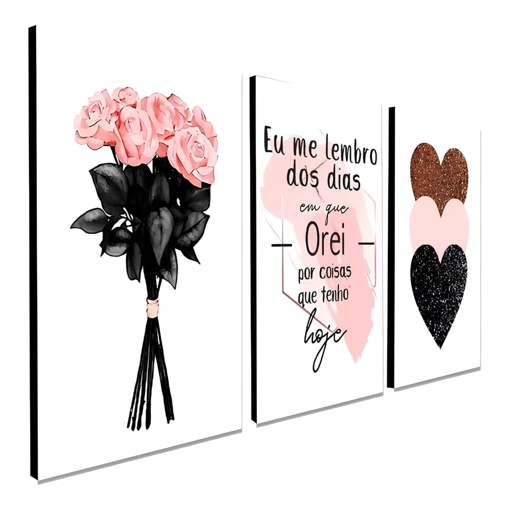 Quadros Decorativos Decoração Flores Eu Me Lembro Oração Coração Rosa 3 Peças Sala Quarto Escritório