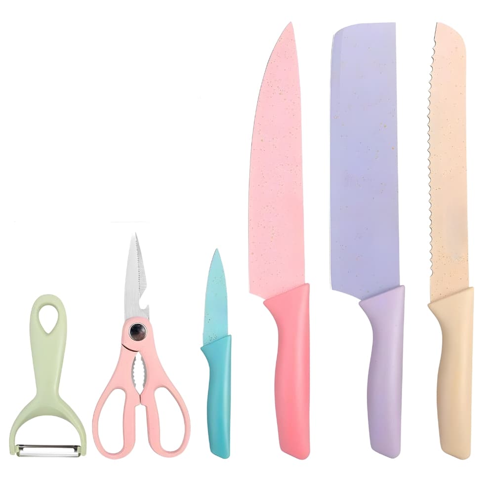 Multideia Jogo de Facas Cozinha Original Aço Carbono Descascador Tesoura Profissional Colorido - 6 Peças