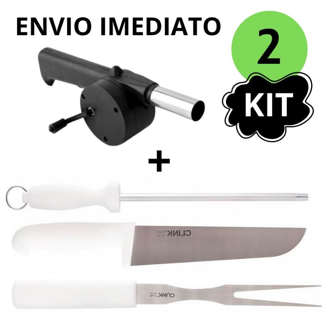 Kit Churrasco Premium Assoprador, Faca, Garfo e Chaira  Aperfeiçoe suas Grelhadas com Estilo e Facilidade Inox Cozinha Churrasqueiro