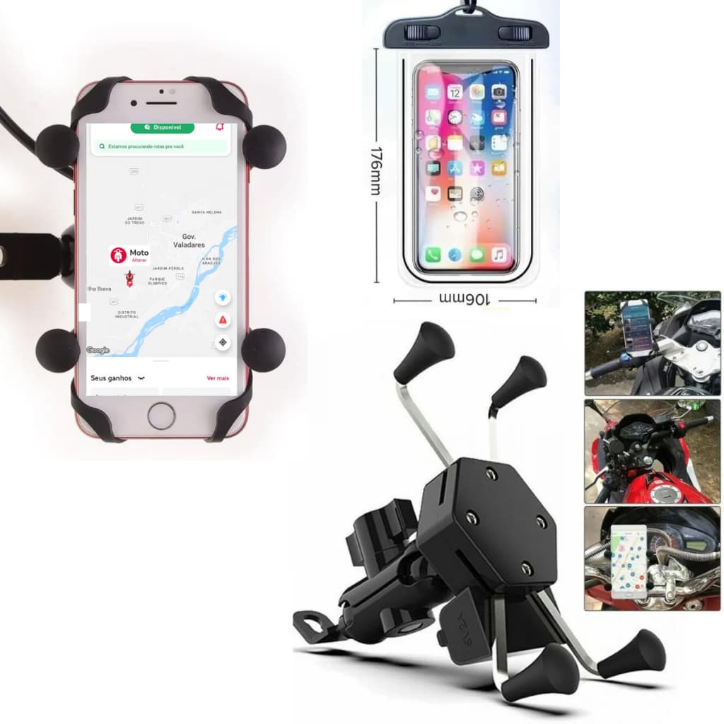 Suporte Garra + Capa Impermeável Celular Moto Bike Motocicleta Universal Com Carregador Usb Kit
