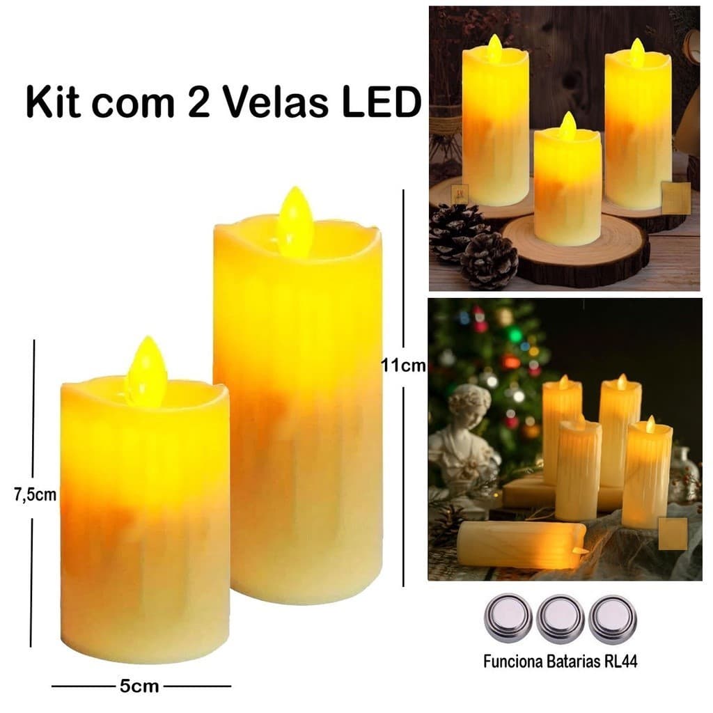 Kit 2 Velas De Led Eletrônica Chama Viva Real A Pilha Combo